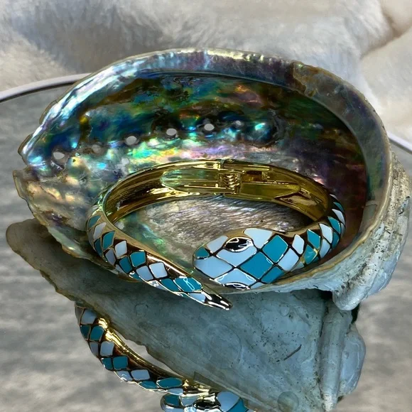 Snake Cuff Bracelet Gold-plated Inlaid Teal & White Enamel Bangle Bracelet sze 8